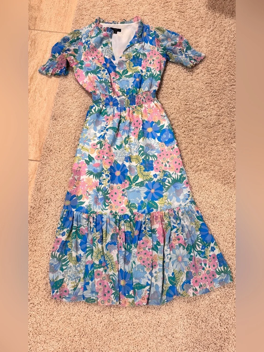 J. Crew Floral Smocked Cinched Waist Chiffon Midi Dress in Blue & Pink- NWOT-XXS